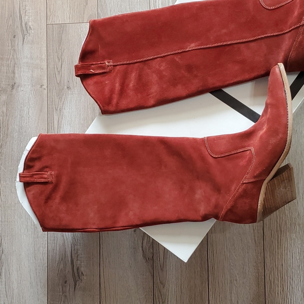 Bronx Suede Knee-High Heeled Boots in Rust Red